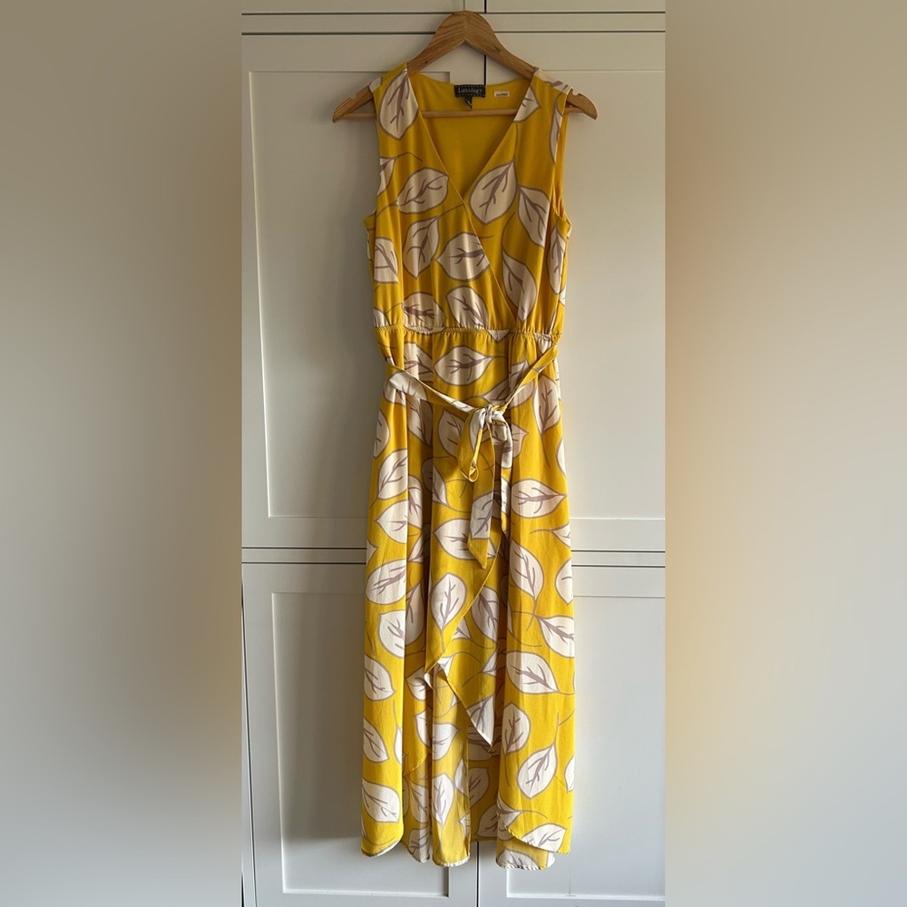 --Luxology Vibrant Yellow Cream Leaves Pattern High Low Sleeveless Size 8